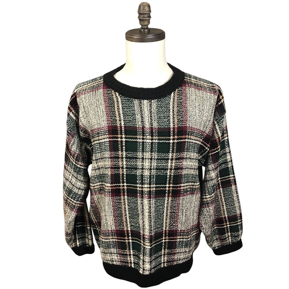 Vtg Hunt Club Mens Sweater Knitted Black And Red Medium Plaid CozyCore